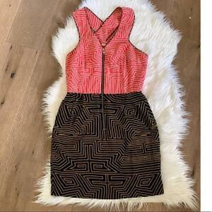 EUC Loeffler Randall Silk Mini Dress Sz. 6 Geometric print coral and black